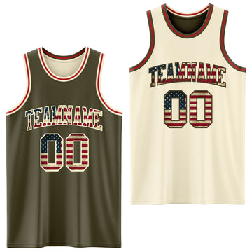 Custom Reversible Olive Vintage USA Flag Cream-Red Double Side Salute To Service Basketball Jersey