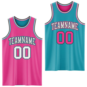 Custom Reversible Pink Black-Teal Double Side Basketball Jersey