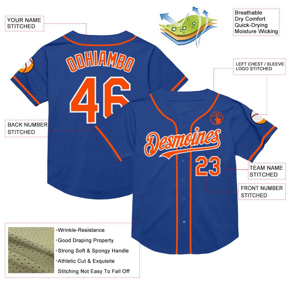 Custom Royal Orange-White Mesh Authentic Throwback Baseball Jersey Fast ...