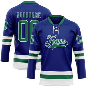 Custom Royal Kelly Green-White Hockey Lace Neck Jersey