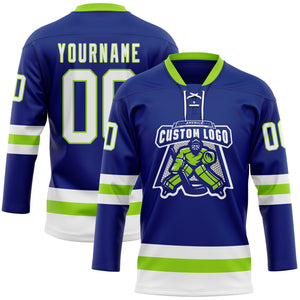 Custom Royal White-Neon Green Hockey Lace Neck Jersey