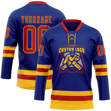 Load image into Gallery viewer, Custom Royal Red-Gold Hockey Lace Neck Jersey
