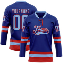 Load image into Gallery viewer, Custom Royal Light Blue-Red Hockey Lace Neck Jersey
