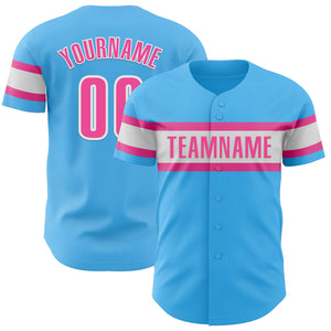 Custom Sky Blue Pink-White Authentic Baseball Jersey