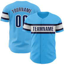 Load image into Gallery viewer, Custom Sky Blue Navy-White Authentic Baseball Jersey
