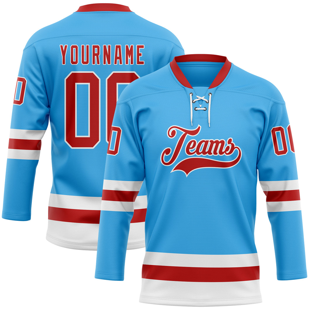 Custom Sky Blue Red-White Hockey Lace Neck Jersey