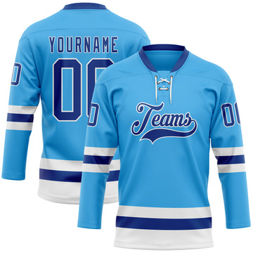 Custom Sky Blue Royal-White Hockey Lace Neck Jersey