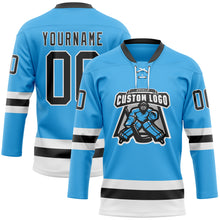 Load image into Gallery viewer, Custom Sky Blue Black-White Hockey Lace Neck Jersey
