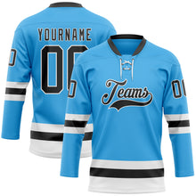 Load image into Gallery viewer, Custom Sky Blue Black-White Hockey Lace Neck Jersey
