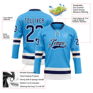 Custom Sky Blue Navy-White Hockey Lace Neck Jersey