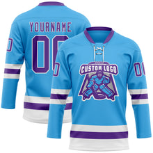 Load image into Gallery viewer, Custom Sky Blue Purple-White Hockey Lace Neck Jersey
