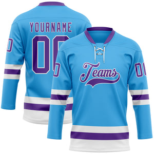 Custom Sky Blue Purple-White Hockey Lace Neck Jersey