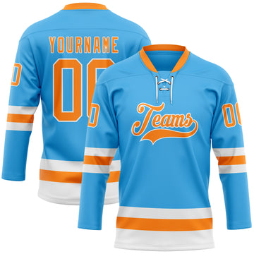 Custom Sky Blue Bay Orange-White Hockey Lace Neck Jersey