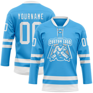 Custom Sky Blue White Hockey Lace Neck Jersey