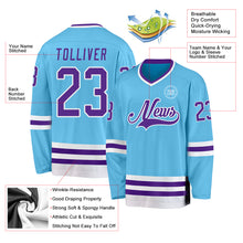 Load image into Gallery viewer, Custom Sky Blue Purple-White Hockey Jersey
