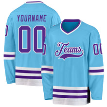 Load image into Gallery viewer, Custom Sky Blue Purple-White Hockey Jersey
