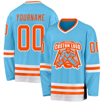 Custom Sky Blue Orange-White Hockey Jersey