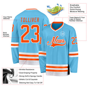 Custom Sky Blue Orange-White Hockey Jersey