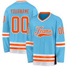 Load image into Gallery viewer, Custom Sky Blue Orange-White Hockey Jersey
