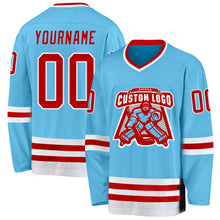 Load image into Gallery viewer, Custom Sky Blue Red-White Hockey Jersey
