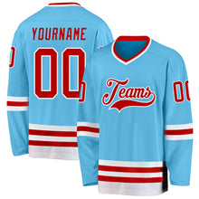 Load image into Gallery viewer, Custom Sky Blue Red-White Hockey Jersey
