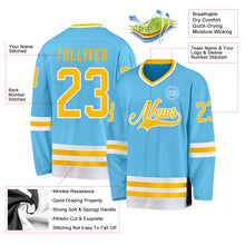 Load image into Gallery viewer, Custom Sky Blue Gold-White Hockey Jersey
