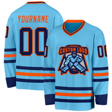 Load image into Gallery viewer, Custom Sky Blue Navy-Orange Hockey Jersey
