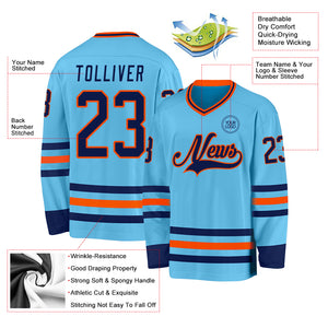 Custom Sky Blue Navy-Orange Hockey Jersey