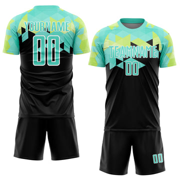 Custom Black Pea Green-White Geometric Shapes Sublimation Soccer Uniform Jersey