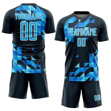 Custom Navy Sky Blue-White Geometric Shapes Sublimation Soccer Uniform Jersey
