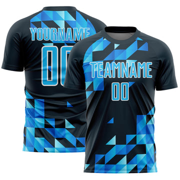 Custom Navy Sky Blue-White Geometric Shapes Sublimation Soccer Uniform Jersey