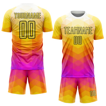 Custom Yellow Hot Pink-Black Geometric Shapes Sublimation Soccer Uniform Jersey
