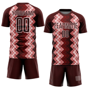 Custom Burgundy White Geometric Shapes Sublimation Soccer Uniform Jersey