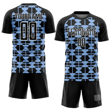Custom Black Light Blue-White Geometric Shapes Sublimation Soccer Uniform Jersey