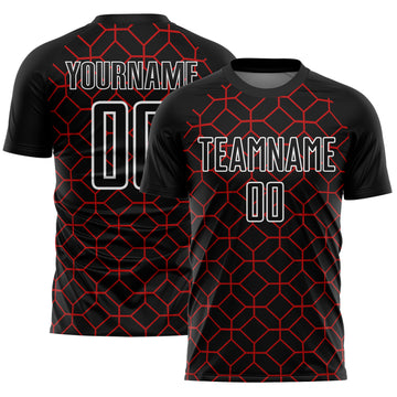 Custom Black Red-White Geometric Shapes Sublimation Soccer Uniform Jersey