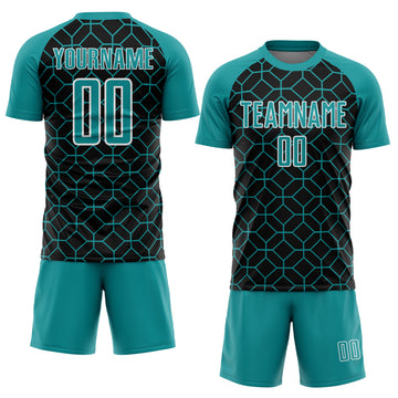 Custom Black Teal-White Geometric Shapes Sublimation Soccer Uniform Jersey