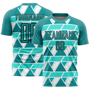 Custom Teal White-Black Geometric Shapes Sublimation Soccer Uniform Jersey