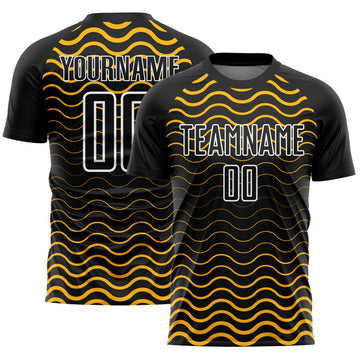 Custom Black Gold-White Geometric Lines Sublimation Soccer Uniform Jersey