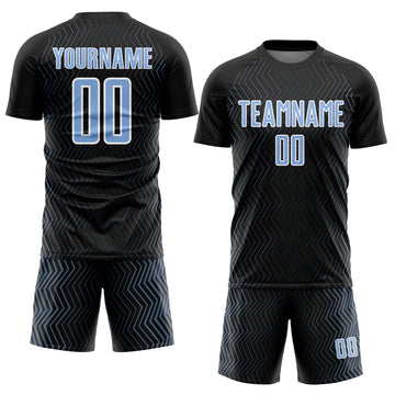 Custom Black Light Blue-White Geometric Lines Sublimation Soccer Uniform Jersey