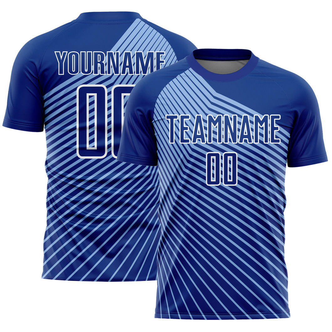 Custom Royal Light Blue-White Lines Sublimation Soccer Uniform Jersey