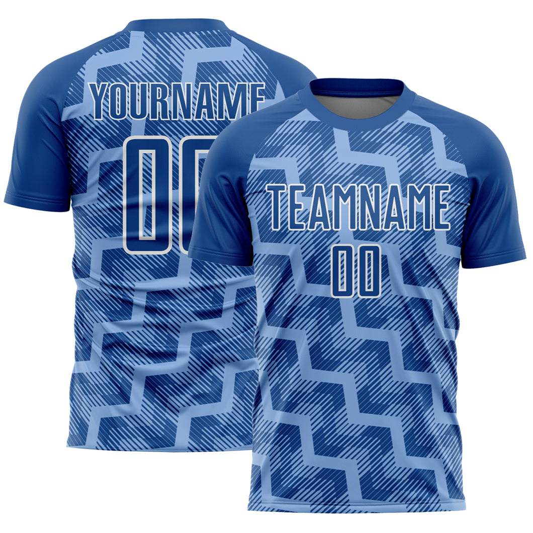 Custom Royal Light Blue-White Lines Sublimation Soccer Uniform Jersey