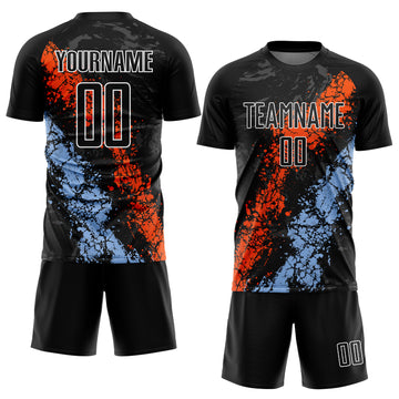 Custom Black Orange-Light Blue Dripping Splatter Art Sublimation Soccer Uniform Jersey