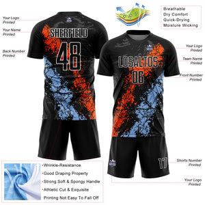 Custom Black Orange-Light Blue Dripping Splatter Art Sublimation Soccer Uniform Jersey