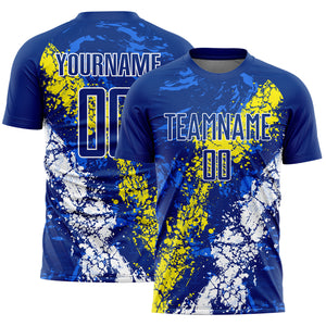 Custom Royal Light Yellow-White Dripping Splatter Art Sublimation Soccer Uniform Jersey