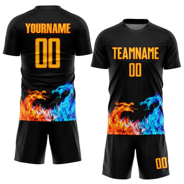 Custom Black Yellow-Orange Dragon Flame Sublimation Soccer Uniform Jersey