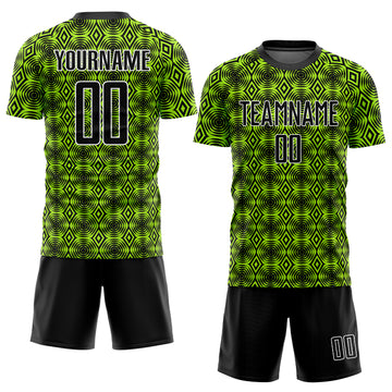Custom Neon Green Black-White Geometric Shapes Sublimation Soccer Uniform Jersey