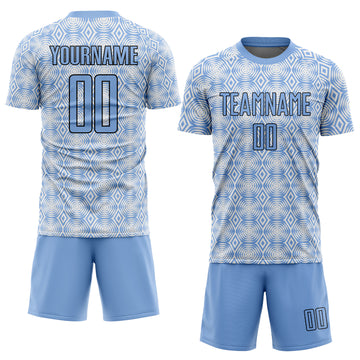 Custom Light Blue Black-White Geometric Shapes Sublimation Soccer Uniform Jersey