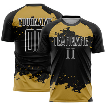 Custom Black Old Gold-White Abstract Fragment Art Sublimation Soccer Uniform Jersey
