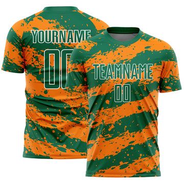 Custom Kelly Green Bay Orange-White Splash Sublimation Soccer Uniform Jersey