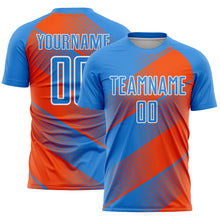 Load image into Gallery viewer, Custom Powder Blue Orange-White Line Sublimation Soccer Uniform Jersey
